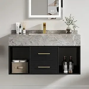 Floating Bathroom Vanity with Sintered Stone Vessel Sink 2 Drawers