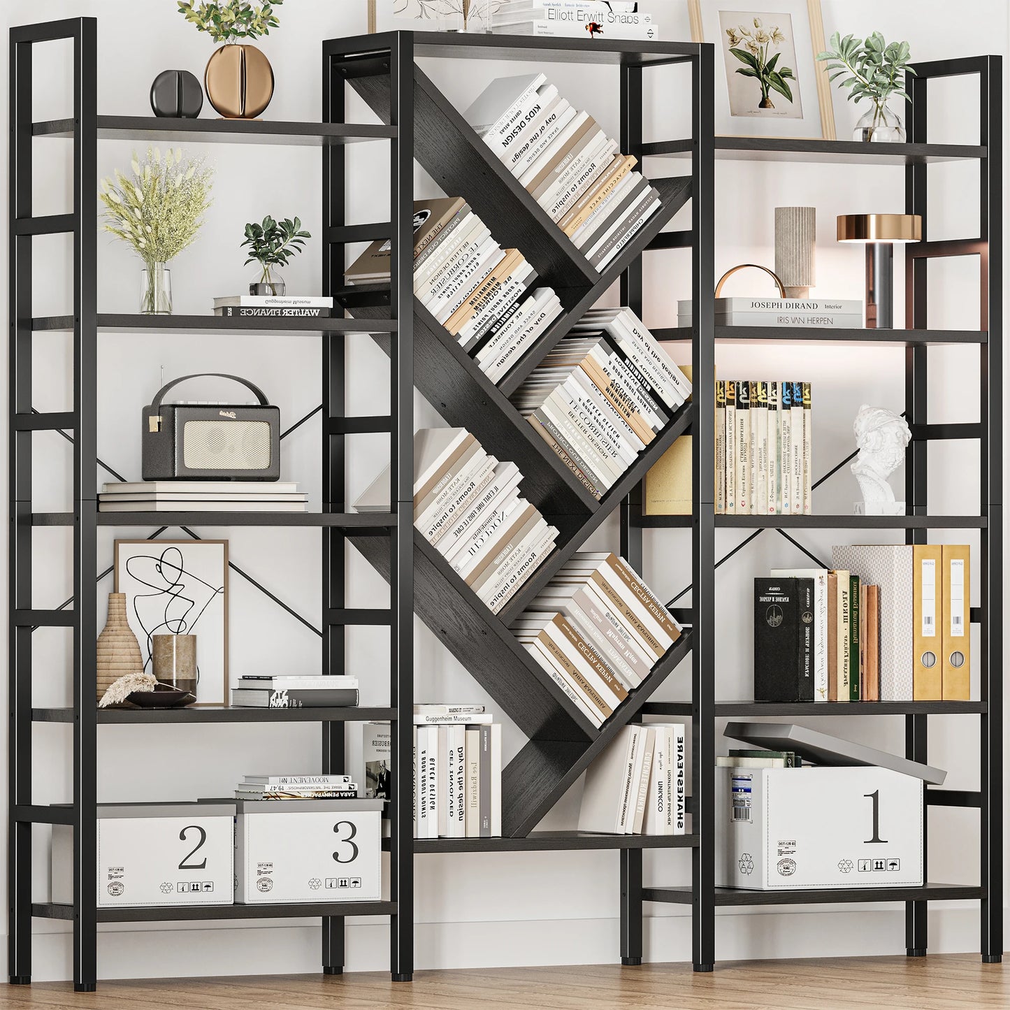 Large Wooden Bookcase with 17 Open Display Shelves