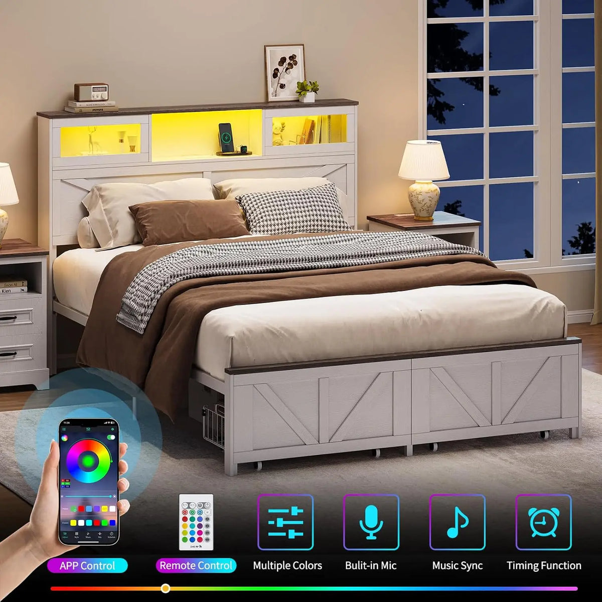Full Size LED Bed Frame with Storage
