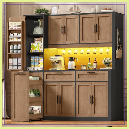 71" Kitchen Pantry Cabinet with Charging Station & LED Light