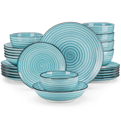 24/48 Pcs Two-Sided Blue Hand Painted Spiral Dinnerware Sets