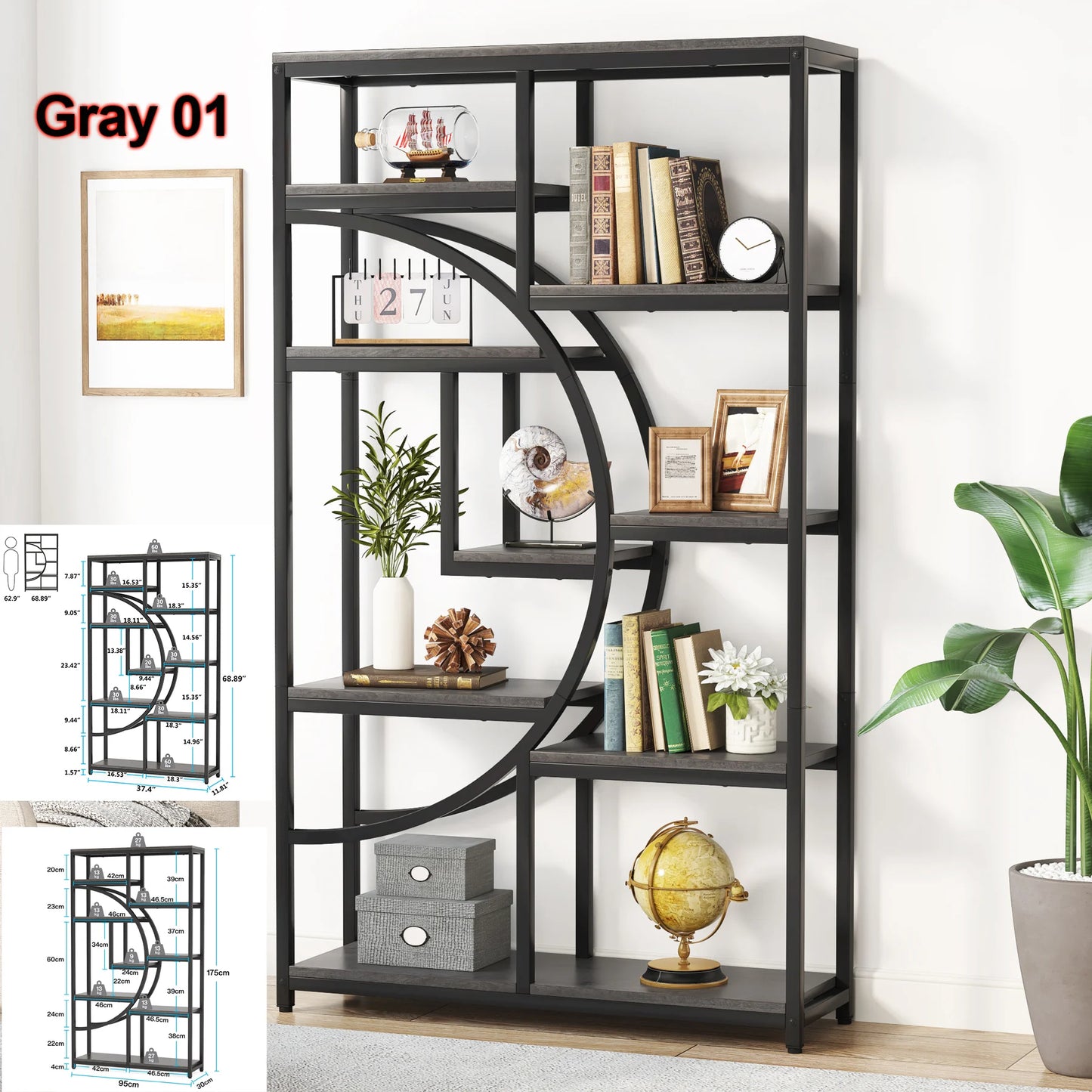 Elegant Geometric 5 Tier Bookshelf with Open Display Shelves