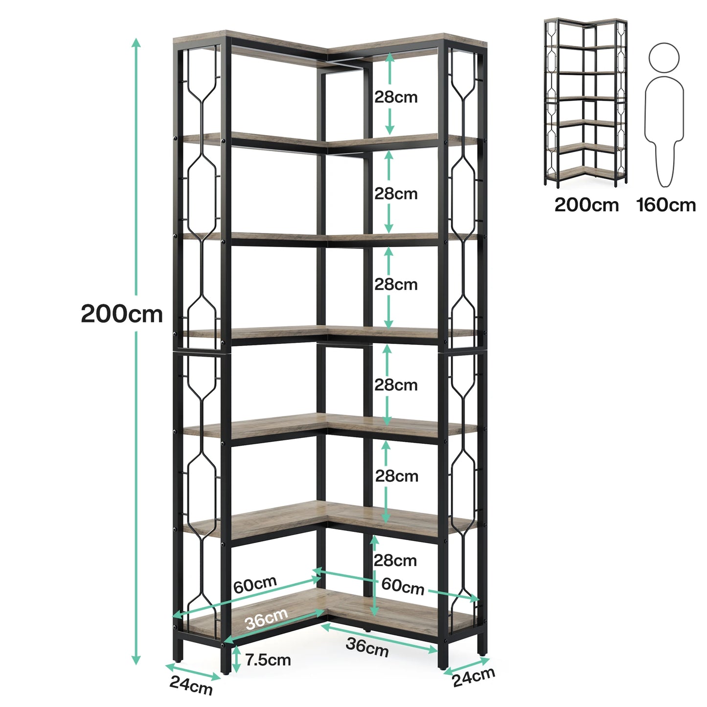 7-Tier Corner Bookshelf with Open Display Shelves