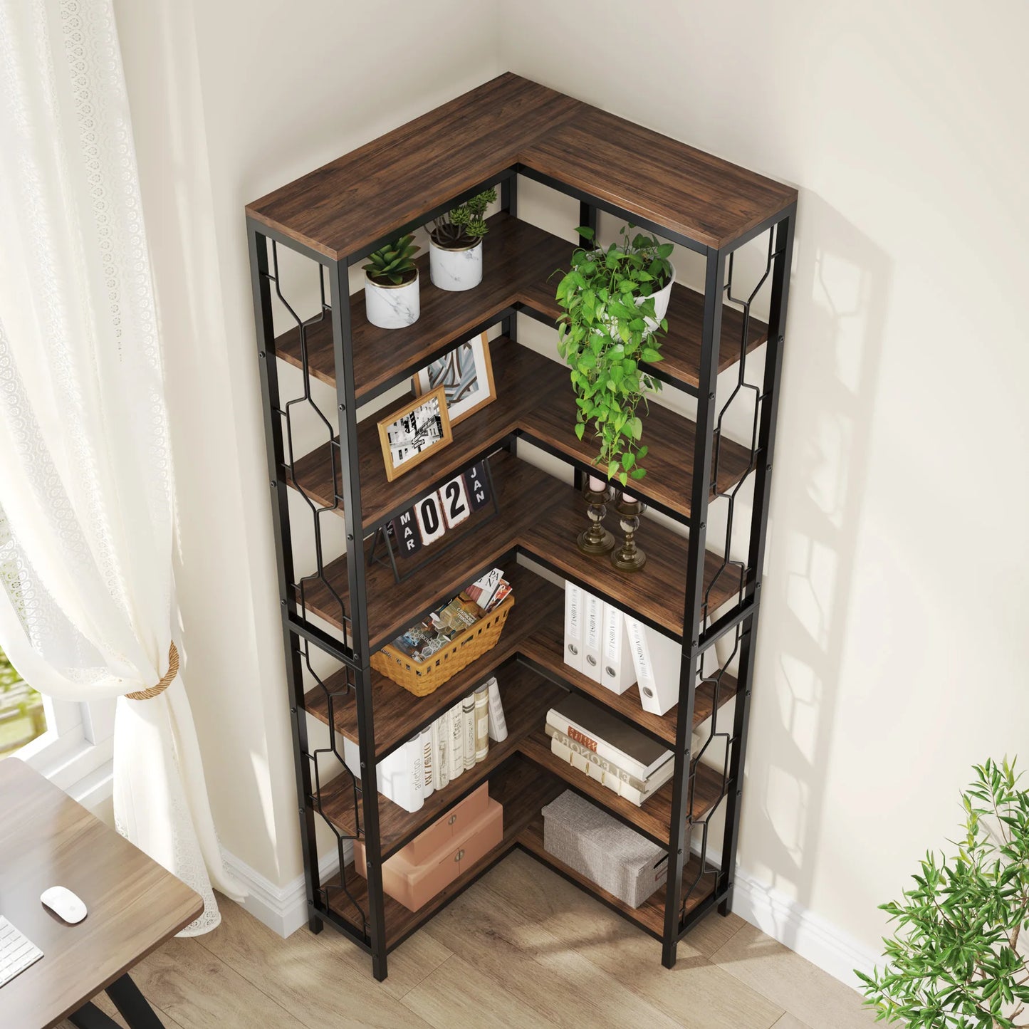 7-Tier Corner Bookshelf with Open Display Shelves