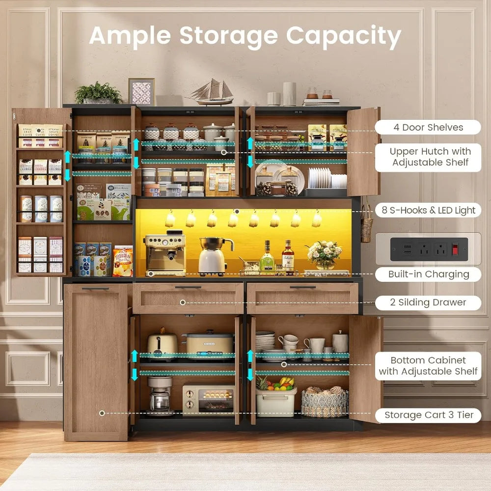 71" Kitchen Pantry Cabinet with Charging Station & LED Light