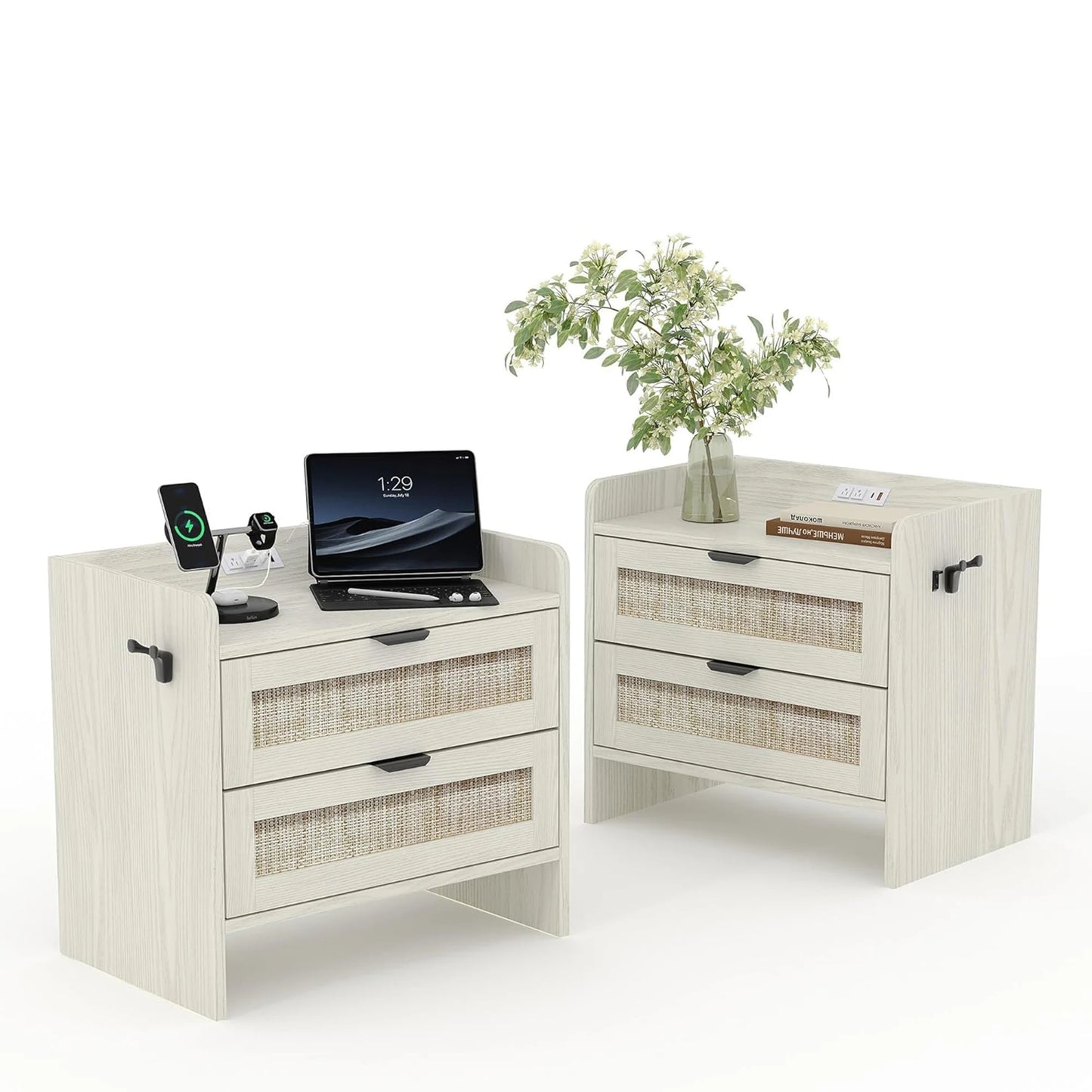Modern Rattan Nightstand Set of 2 with Charging Station