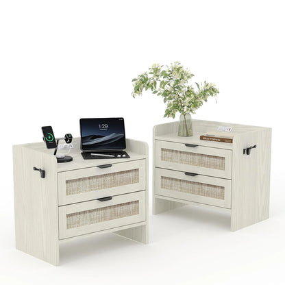 Modern Rattan Nightstand Set of 2 with Charging Station