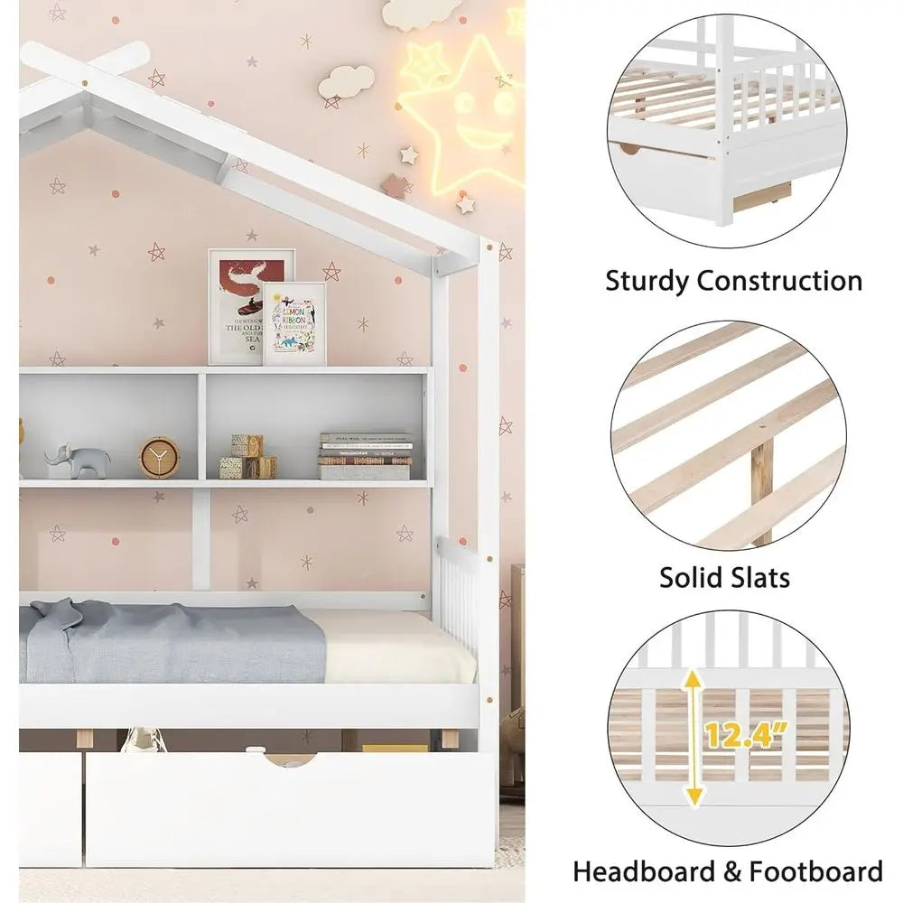 White Wooden Kids House Bed with Storage Drawers and Shelves
