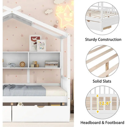 White Wooden Kids House Bed with Storage Drawers and Shelves