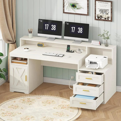 Computer Desk with Power Outlets & Storage Drawers