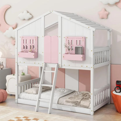 Floor House Bunk Bed with Roof and Window