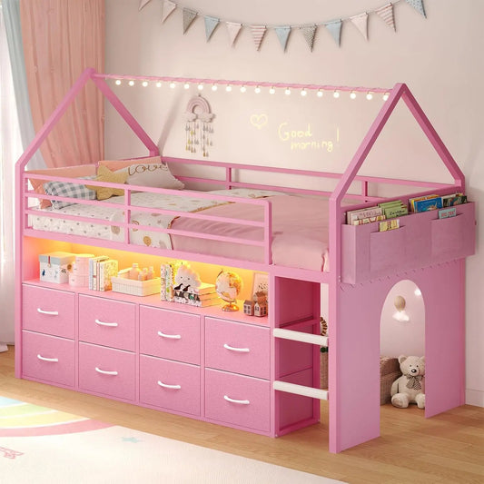 House Shaped Metal Twin Bed with Bookcase & Storage Drawers