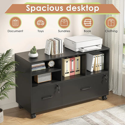 Portable 2 Drawer Wood Lateral File Cabinet with Lock