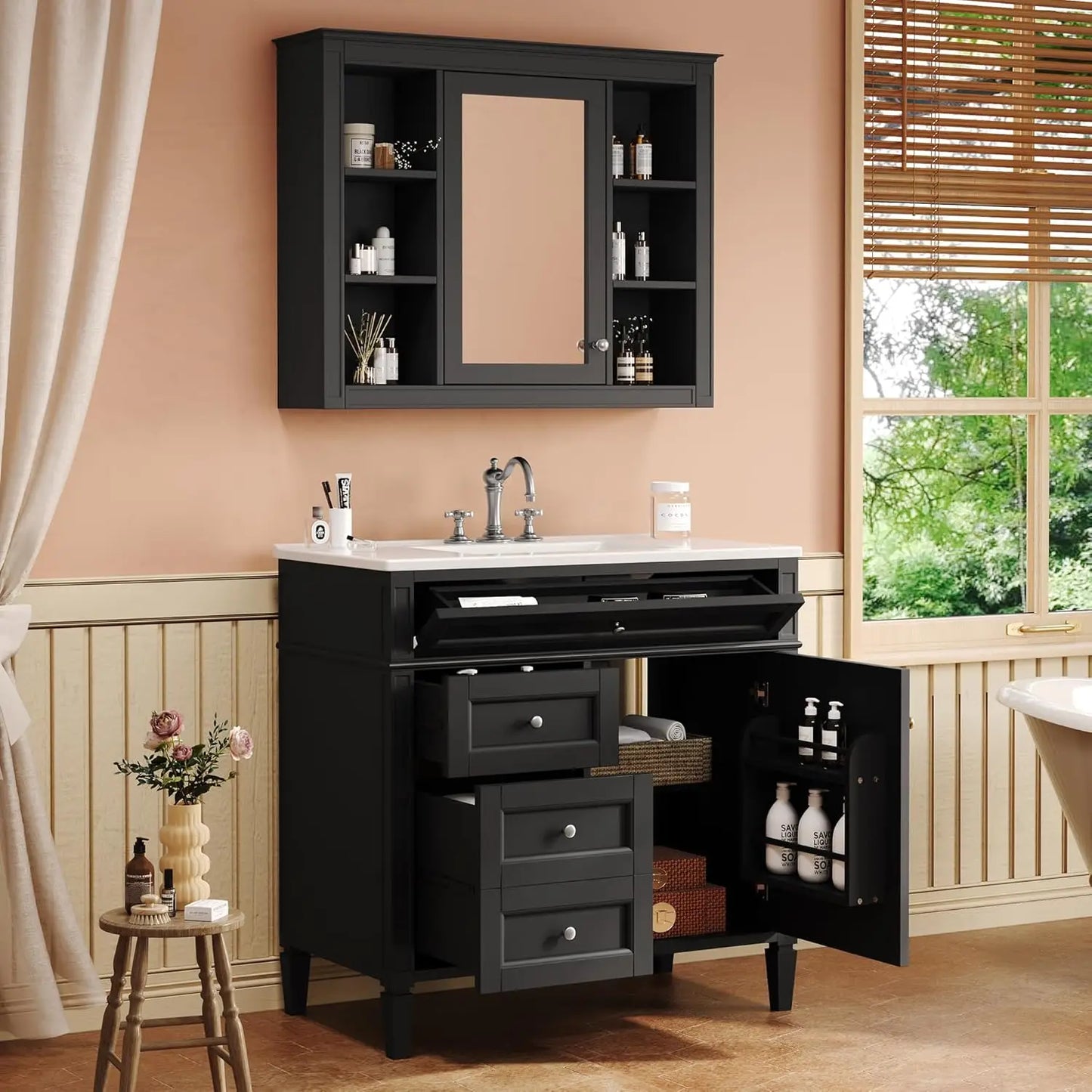 36" Bathroom Vanity Set with Mirror, Cabinet & Single Sink