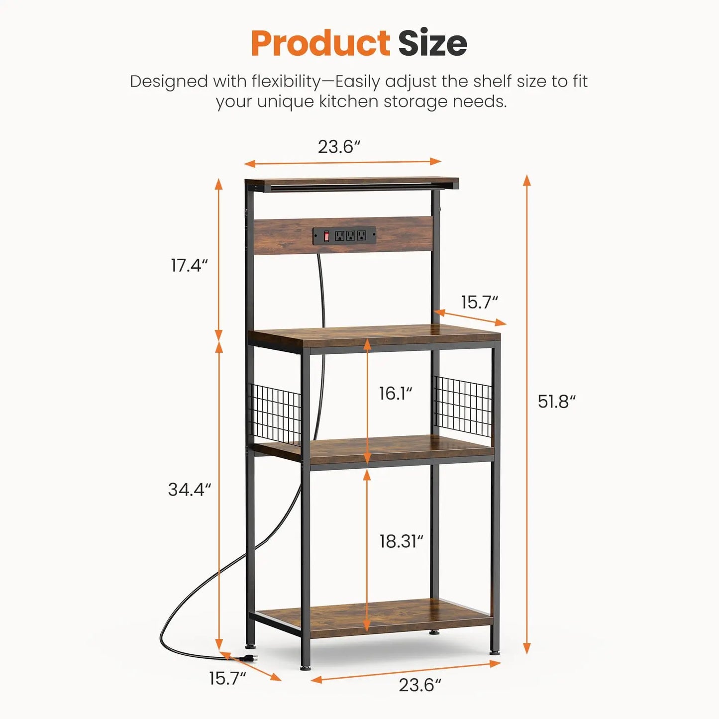 Kitchen Bakers Rack with Power Outlet & Adjustable Storage Shelf