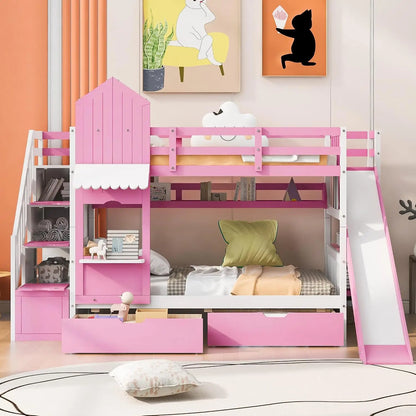 Castle Style Kids Bunk Bed with Stairs and Slide