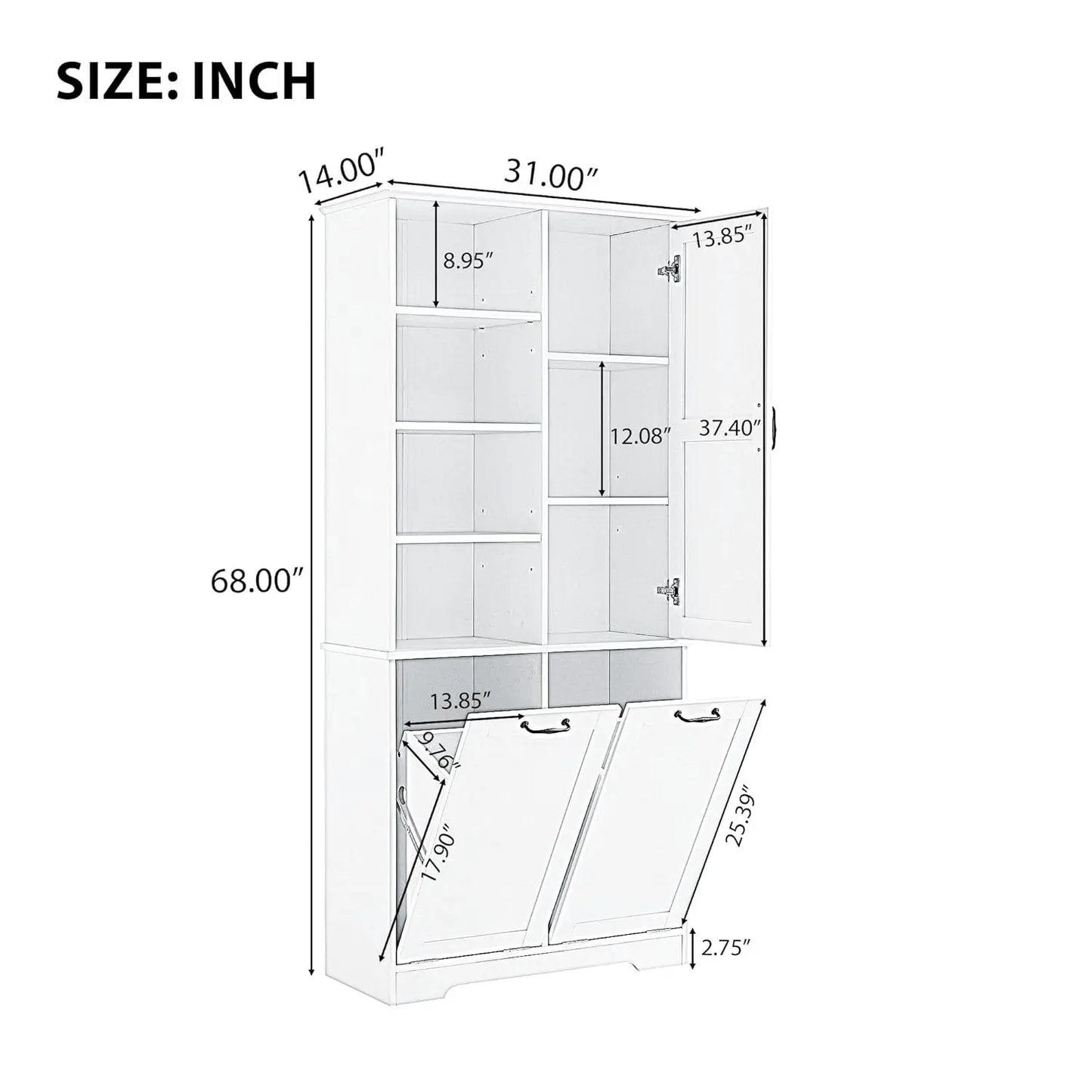 68" Tall Bathroom Storage Cabinet with 2 Tilt Out Laundry Hamper Door & Adjustable Shelves