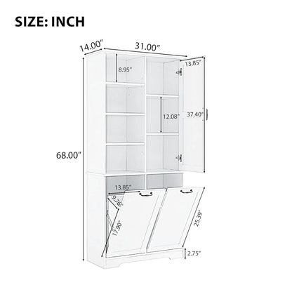 68" Tall Bathroom Storage Cabinet with 2 Tilt Out Laundry Hamper Door & Adjustable Shelves