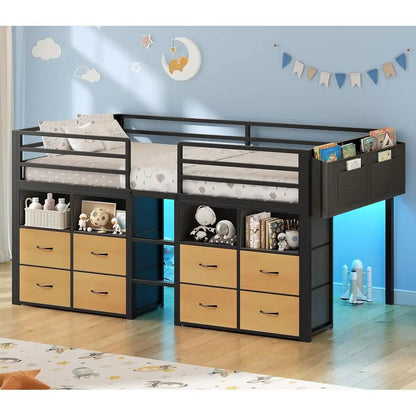 Low Loft Bed, Twin Size with Storage Drawers, Bookcase & LED Lights