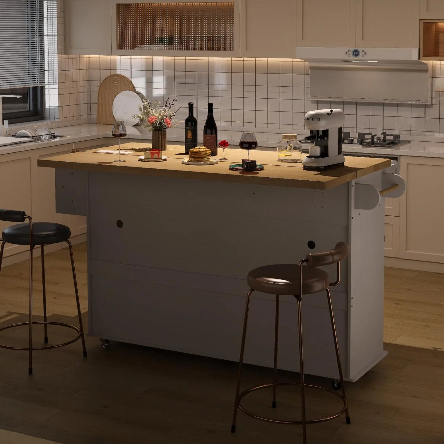 60" Rolling Kitchen Island with Drop-Leaf & Trash Bin