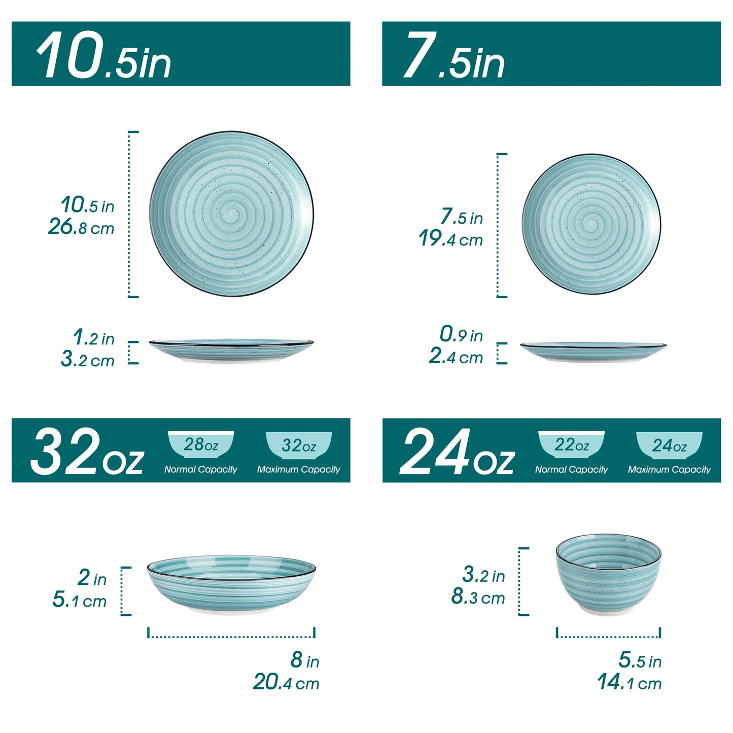 24/48 Pcs Two-Sided Blue Hand Painted Spiral Dinnerware Sets