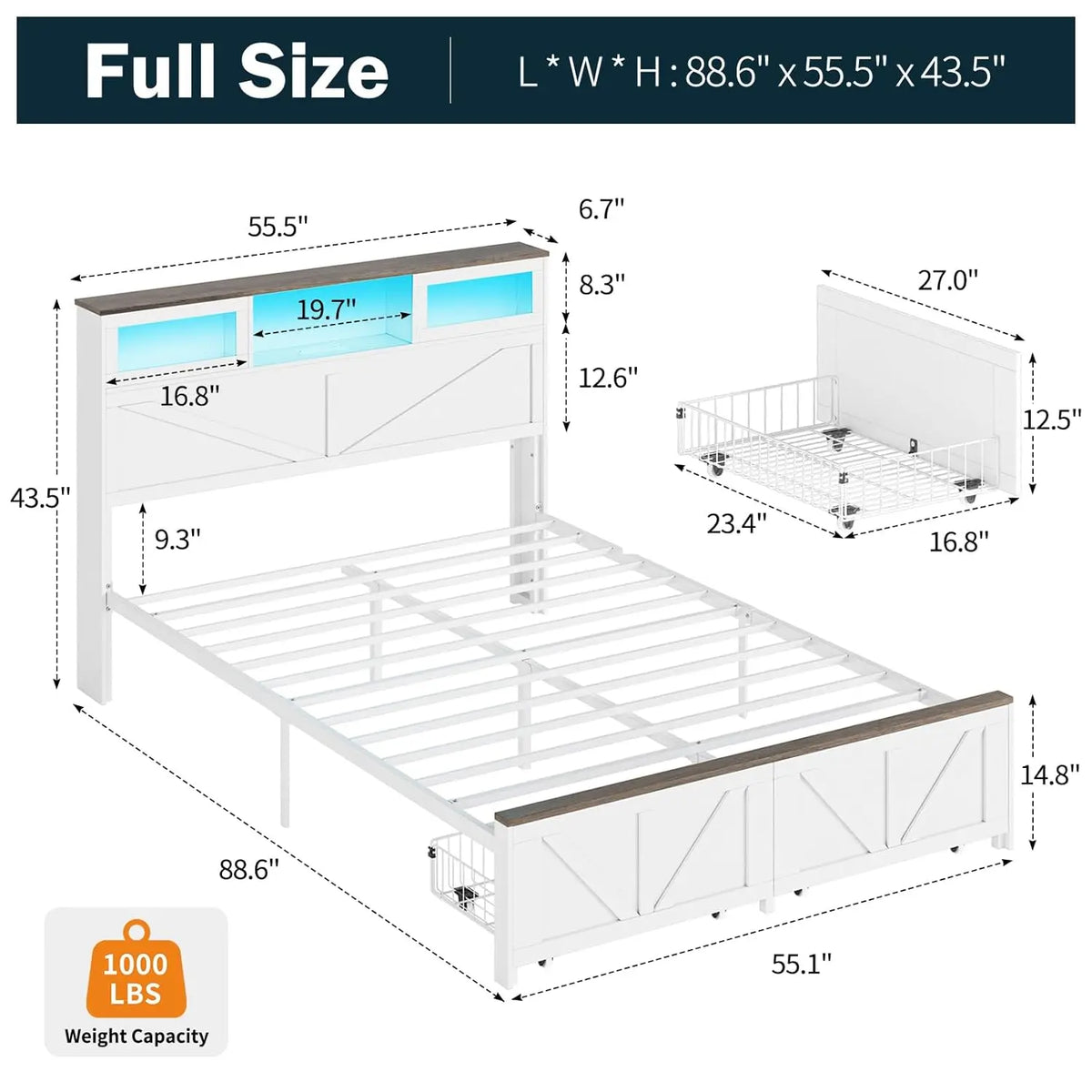 Full Size LED Bed Frame with Storage