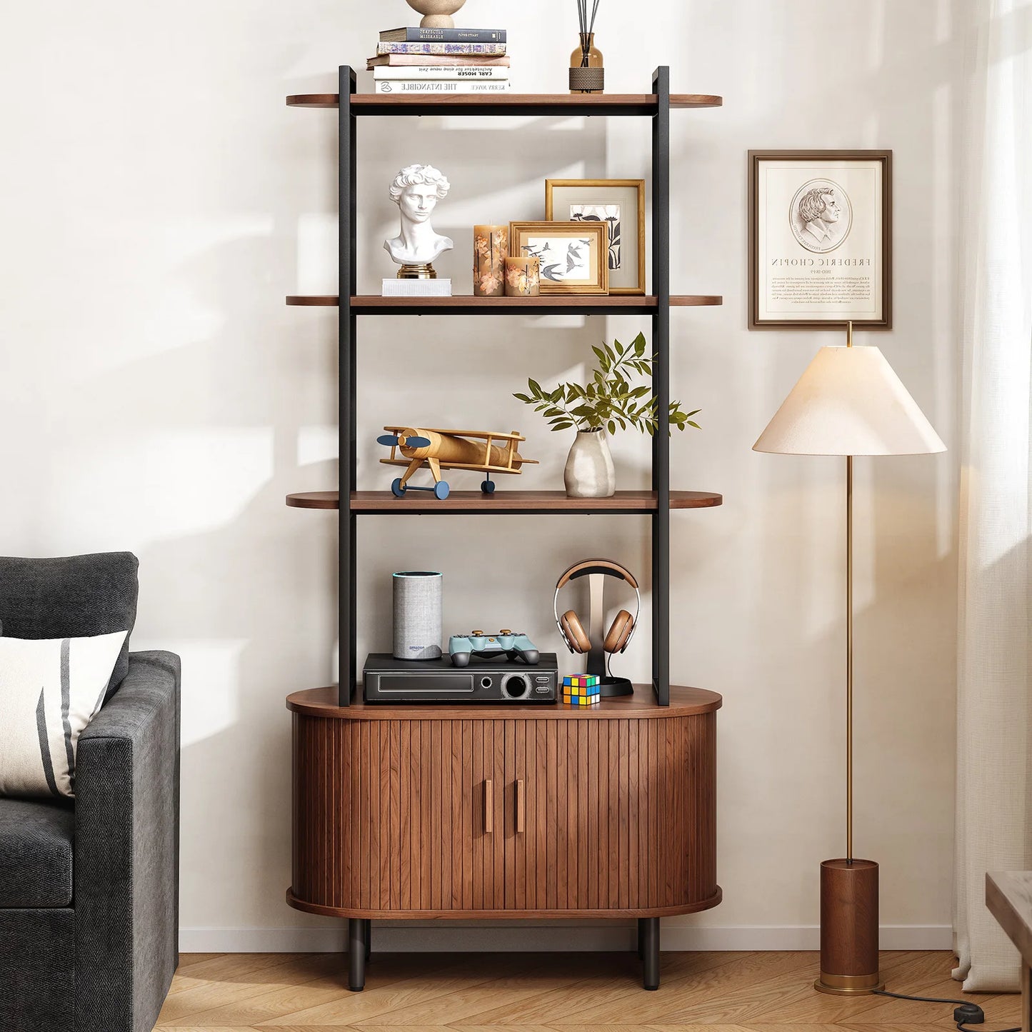 71" Tall, 4-Tier Bookshelf with Storage Cabinet
