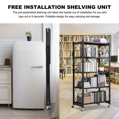 Foldable 5 -Tier Metal Storage Shelving Unit with Wheels