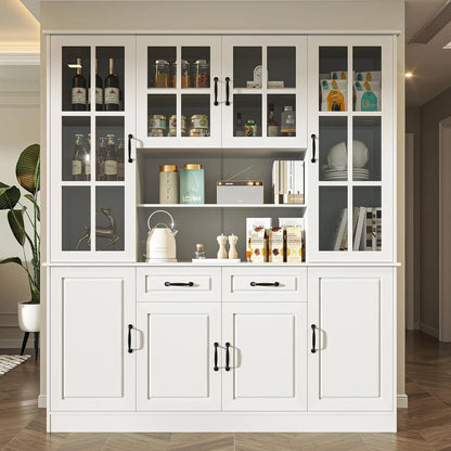 Large China Hutch with 2 Drawers, 5 Adjustable Shelves & Glass Doors