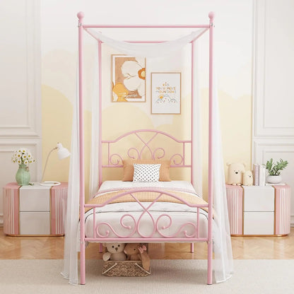 Pink Princess Canopy Bed Frame with 4 Posters, Twin Size