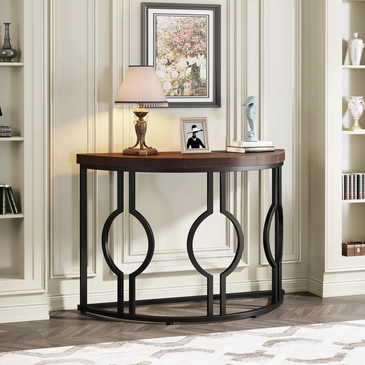 Half Moon Console Table with Geometric Base for Entryway