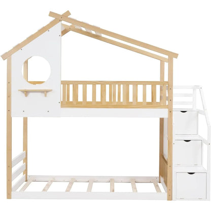 Stairway House Bunk Bed Frame with Storage and Guard Rail