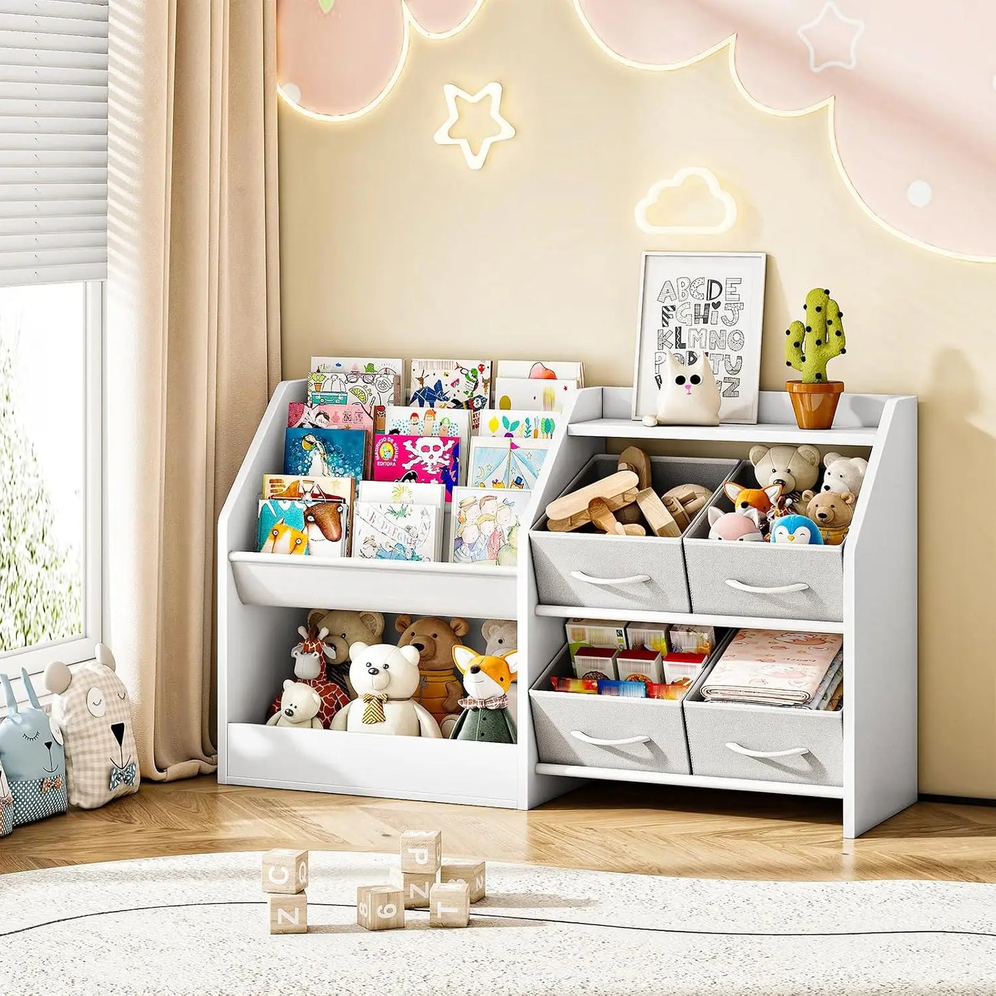 3-Tier Kids Bookshelf with Toy Storage & Drawers, White