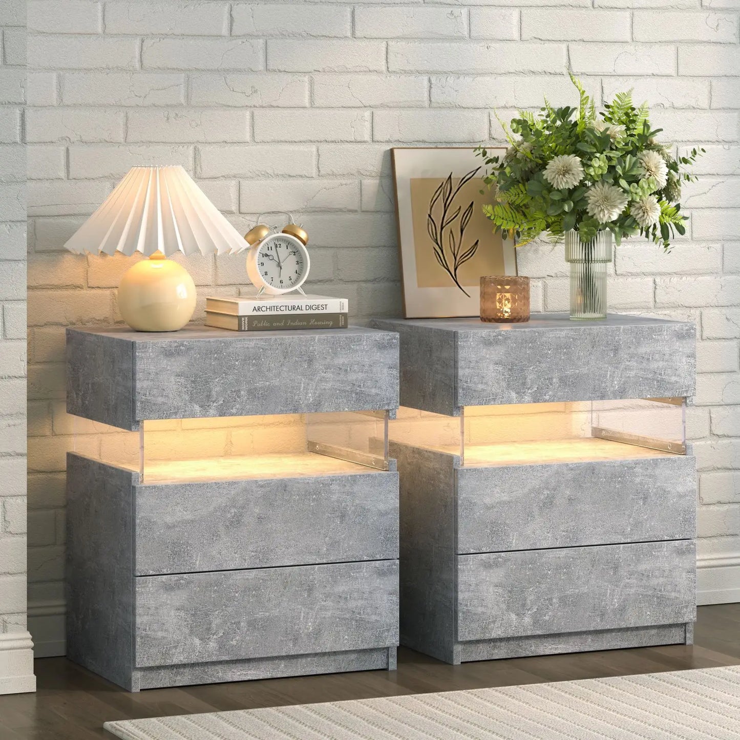 Bedside Tables Set with LED Lighting & 3 Drawers