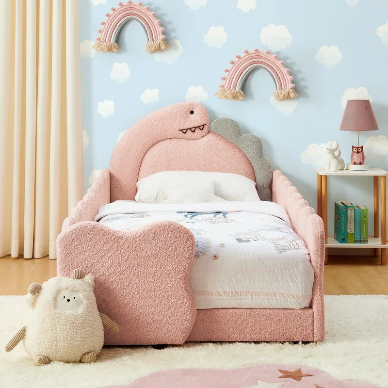Cute Dinosaur-Shaped Wooden Kids Bed with Safety Guardrail