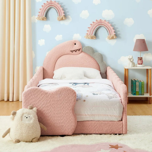 Cute Dinosaur-Shaped Wooden Kids Bed with Safety Guardrail