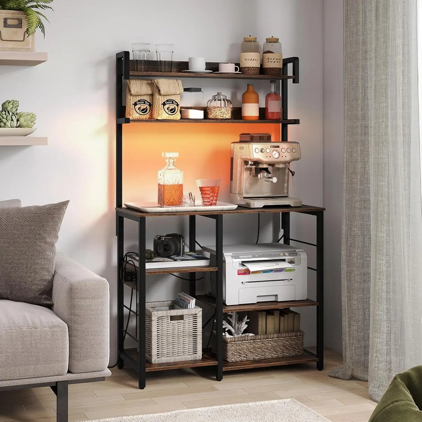 7-Tier Microwave Stand with Power Outlet & Storage Shelves