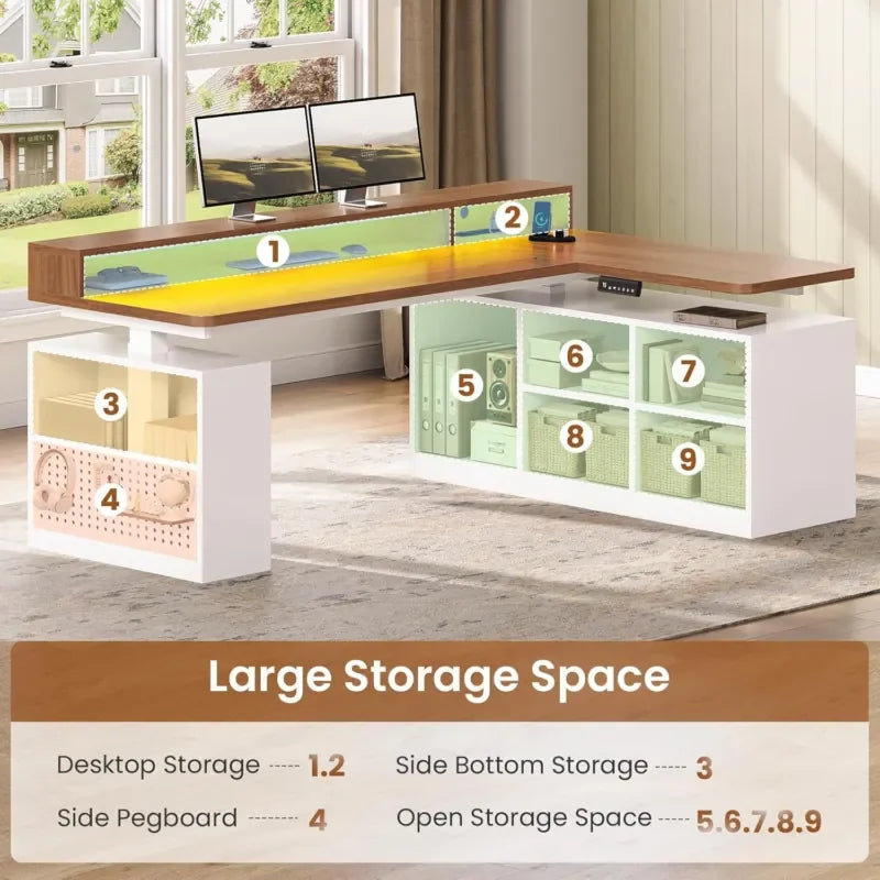 L Shaped Electric Standing Desk with Storage Shelves & LED Lights