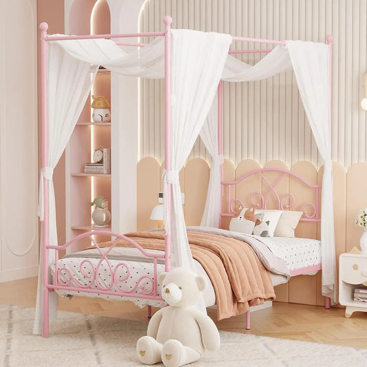 Pink Princess Canopy Bed Frame with 4 Posters, Twin Size