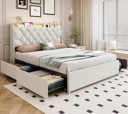 Queen Size Upholstered Platform Bed with LED Lights, Charging Station, 4 Drawers & Storage Shelf