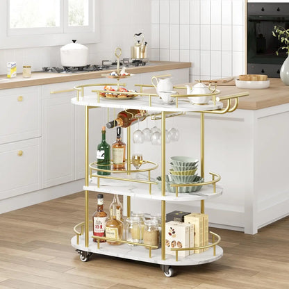Mobile Bar, Serving Cart on Wheels w/ Wine Rack & Glass Holder