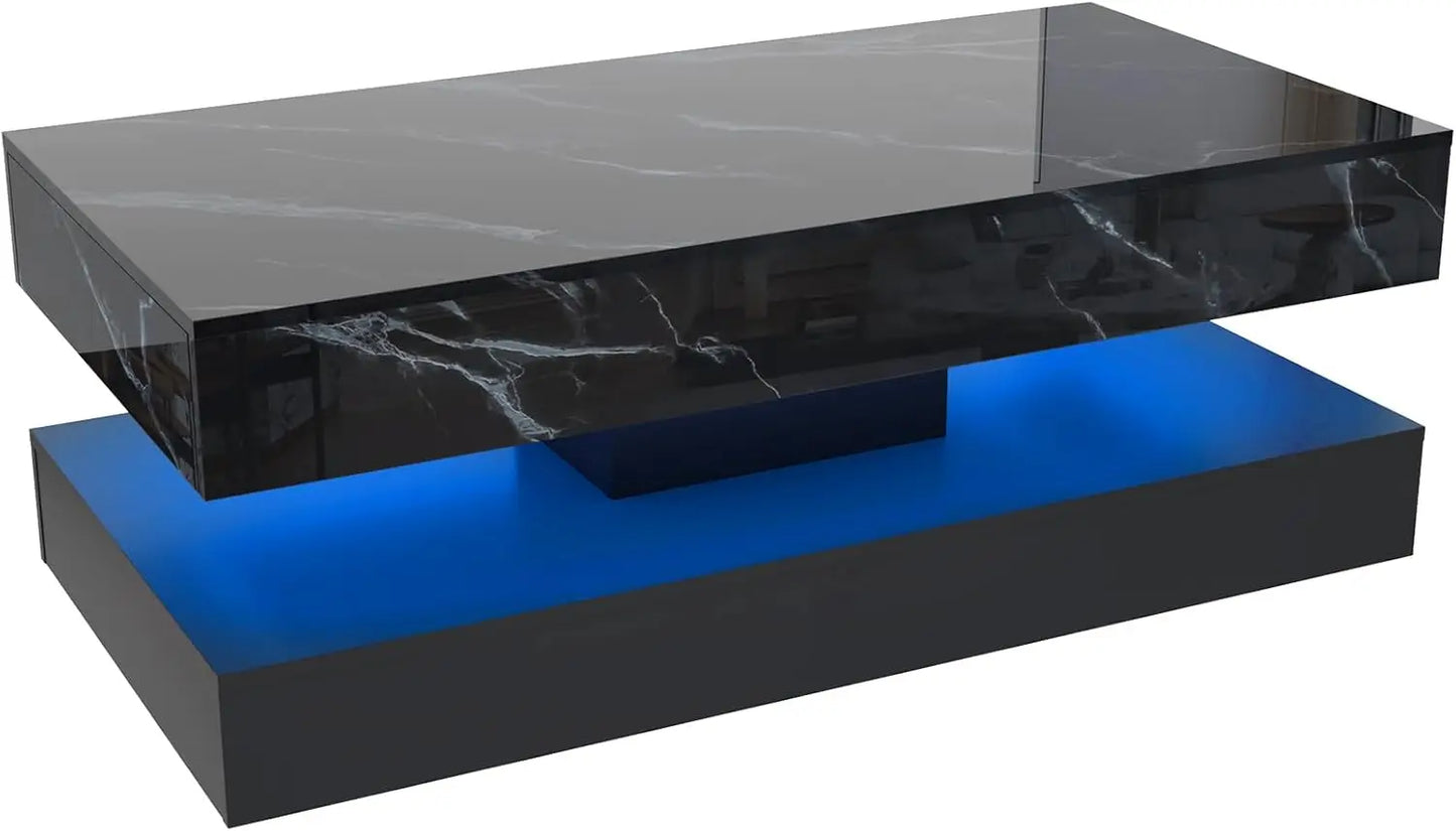 Double-Layer Coffee Table with LED lights & 2 Storage Drawers