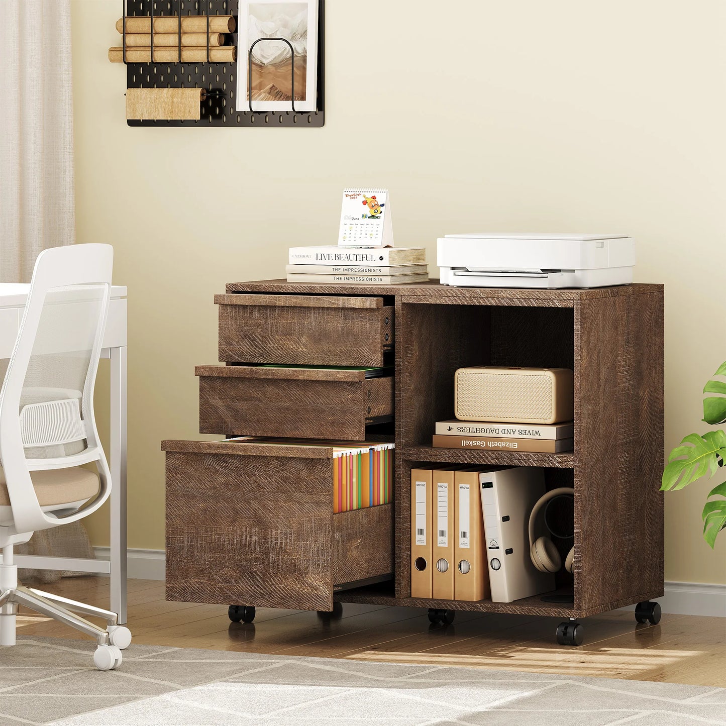 Rolling 3 Drawer Wood File Cabinet with Open Storage Shelves