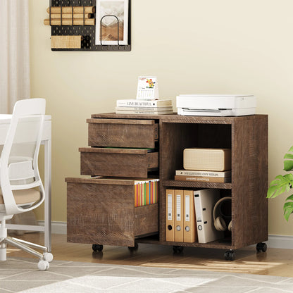 Rolling 3 Drawer Wood File Cabinet with Open Storage Shelves
