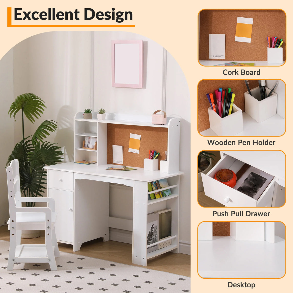 Kids Study Desk & Chair Set with Storage