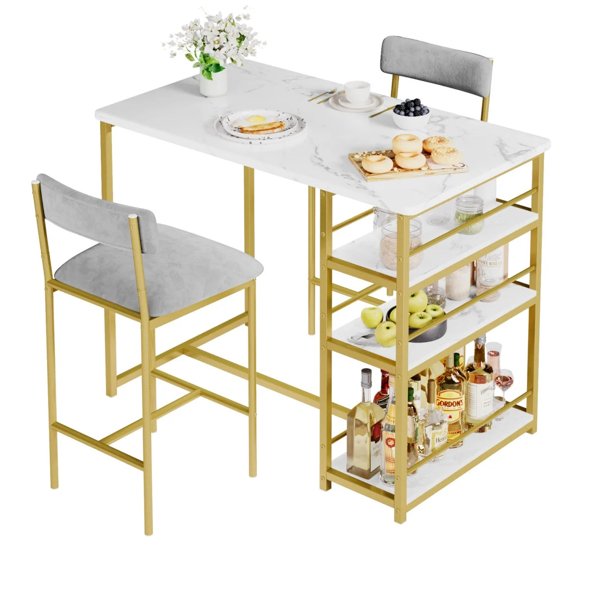 2-Person Dining Table Set with 2 Chairs & 3 Storage Shelves