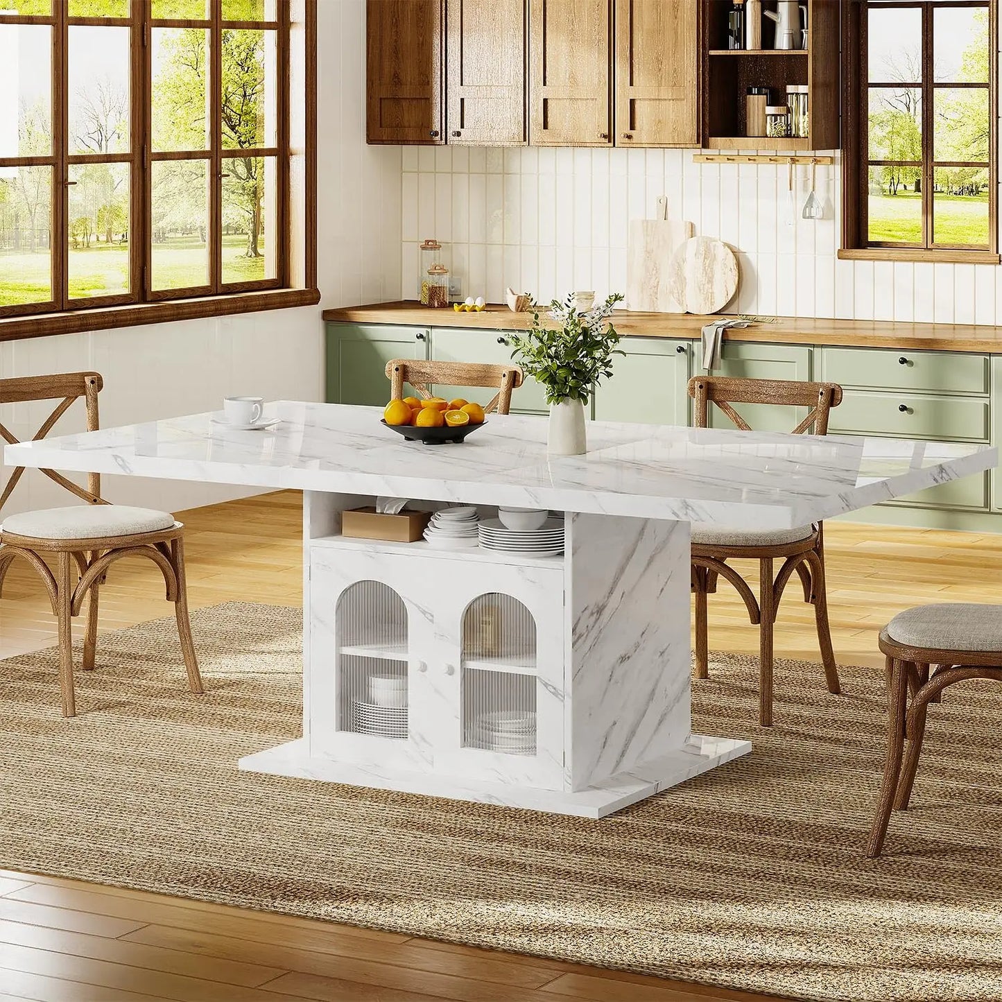 63" Rectangle Faux Marble Top Dining Table w/ Storage Shelves