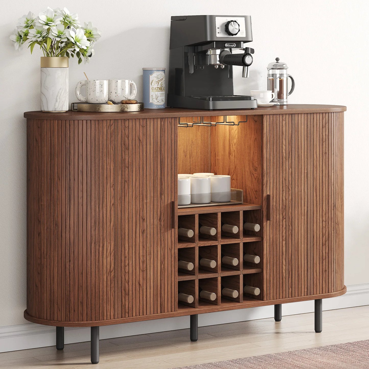 Wine Bar Cabinet w/ LED Light, Wine Rack & Glass Holder
