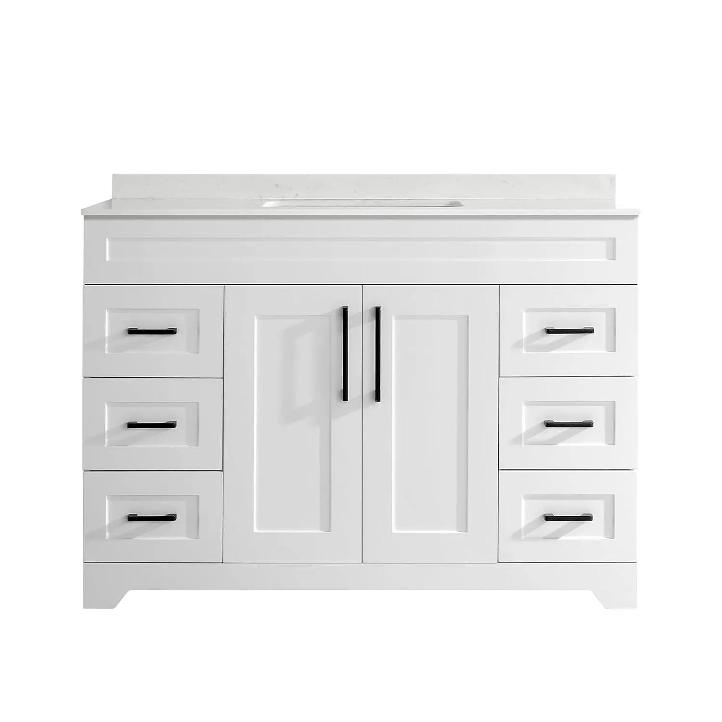 48" White Stone Top Vanity Cabinet with Soft Close Doors 6 Drawers