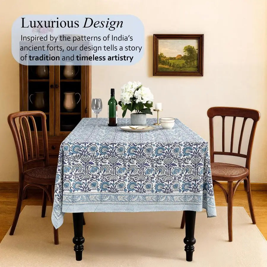 100% Cotton 60x60 Inch Indian Block Print Square Tablecloth in Indigo